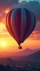 A majestic airship balloon floats serenely against a vibrant sunset sky, its massive envelope reflecting the warm hues Perfect for travel, adventure, and aviation themes , weather, exploration