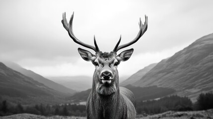 Stag in black and white stands boldly in foreground of mountain, foggy landscape