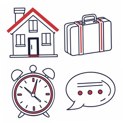 House, suitcase, alarm clock, speech bubble icons set