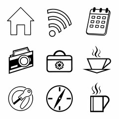 Simple black icons home wifi calendar camera tools coffee key compass