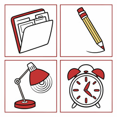Professional design elements: file folder, pencil, lamp, alarm clock