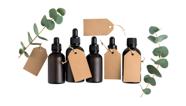  Botanical Bottle Mockup with Paper Tags and Dried Greens ON Transparent Background PNG
