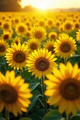 Obraz premium A vibrant field of sunflowers, their golden heads following the sun, creating a mesmerizing natural pattern Perfect for backgrounds, textures, or nature-themed projects , daytime, floral pattern