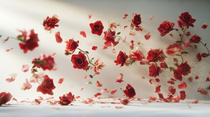 Dynamic scattering of red roses and petals against a soft, illuminated background