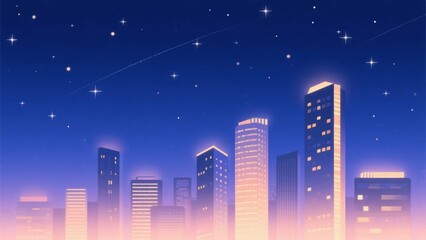 Nighttime Cityscape with Illuminated Skyscrapers Under a Starry Sky