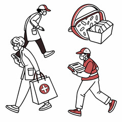 People wearing masks walking carrying bags