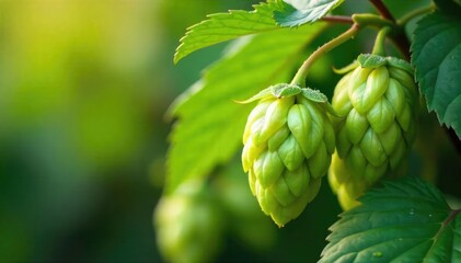 Close-up of vibrant, freshly picked hops, glistening with dew, evoking feelings of freshness, joy, and the promise of a delightful harvest , growth, hops