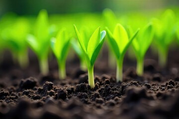 Close-up of vibrant green sprouts pushing through rich soil, signifying growth, nature, and new life Perfect for spring, environmental, and agricultural themes , organic, leaf, healthy