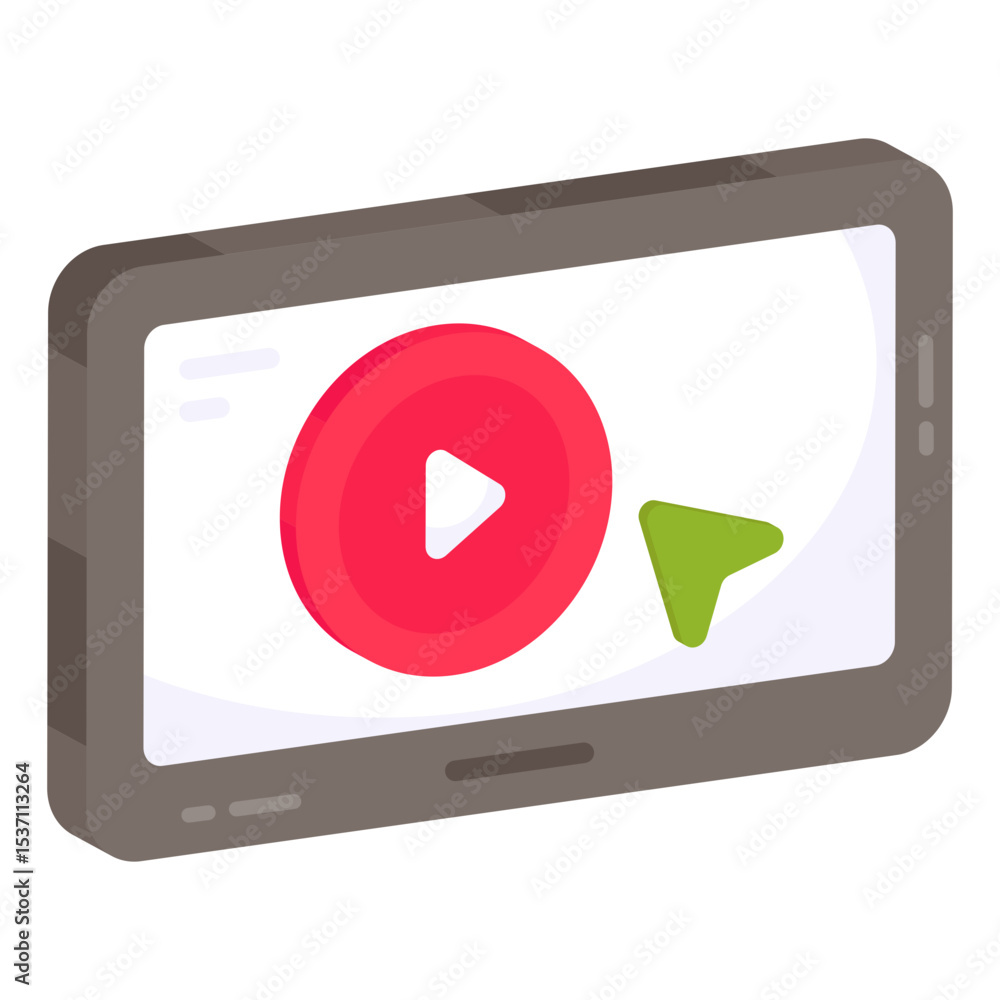 Poster isometric tablet with red play button and green cursor for online video streaming and digital media 