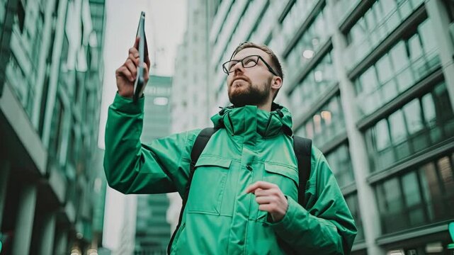 Individual standing in a city area, casually observing surroundings while engaging with a tablet, showcasing modern urban life