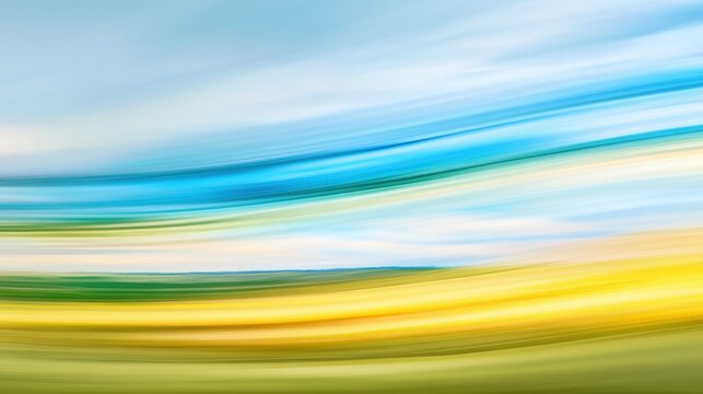 Abstract Landscape with Blurred Horizontal Stripes in Blue, Green, and Yellow