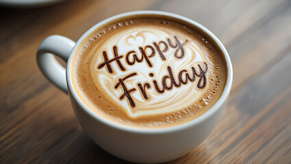 Happy Friday Latte Art Coffee Cup Brown Wooden Table