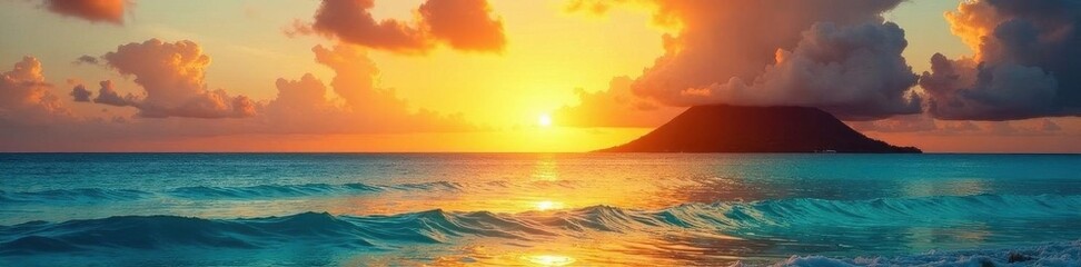 Obraz premium Vibrant Mauritius sunset, golden sky reflecting on turquoise water , clouds, idyllic