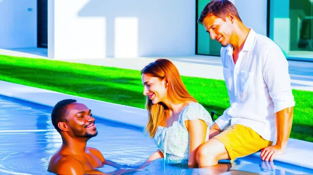 trio couple three interracial cheating swinger pool