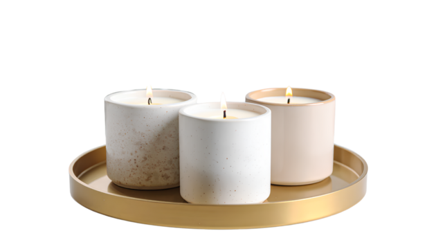  Burning White Ceramic Candles on Decorative Tray  Cozy Ambience on Transparent Background  PNG