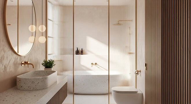 Contemporary bathroom design with terrazzo finishes and glass panel shower enclosure