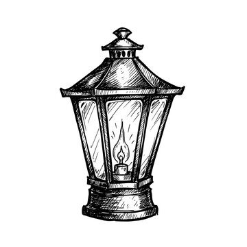 Vintage lantern with candle in hand-drawn style illustration  