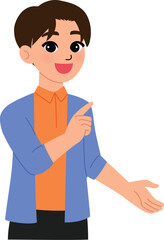 smile man character wear casual clothing presenting hand gesture, happy male pointing finger up illustration