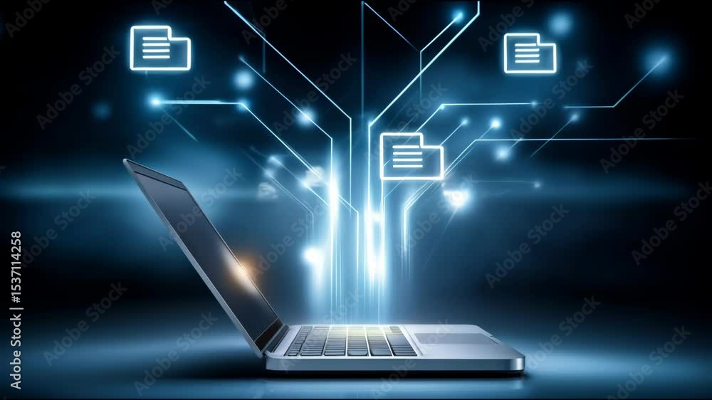 Aufkleber digital laptop with glowing file icons representing data transfer, network communication, technology
