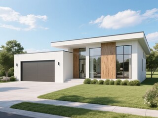 Modern single-story house with a sleek design, featuring large windows and a well-maintained lawn.