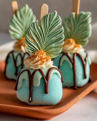 Tropical Party Pops with Teal Sanding Sugar, Chocolate Drizzle and Praline Cream – Summer Dessert Treat