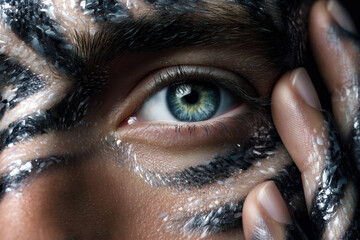 Intricate face painting highlights a striking blue eye in artistic expression