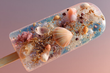 Surreal Popsicle with Seashells, Gold Flakes, and Chocolate in Pastel Colors