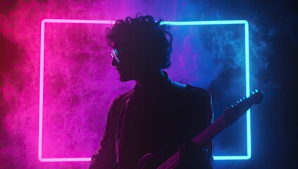 Silhouette of musician playing electric guitar in neon light