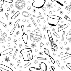 Hand drawn bakery doodle vector seamless pattern, isolated on white background. bakery tools and cupcake and bagel, spices for bakery. 