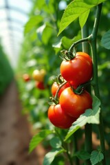 Vibrant red tomatoes ripening on vines within a greenhouse structure, growing, farming