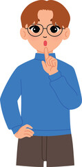 friendly man character hand on hips and index finger up, smile male teacher wear eyeglasses and tell student quiet gesture illustration