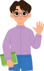 friendly man character hold book, smile male teacher wear eyeglasses and waving hand illustration