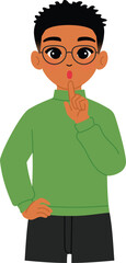 friendly black man character hand on hips and index finger up, smile black male teacher wear eyeglasses and tell student quiet gesture illustration