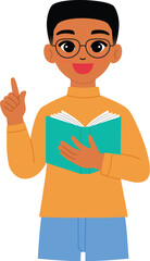 friendly black man character hold open book and teaching, smile black male teacher wear eyeglasses and pointing finger up illustration