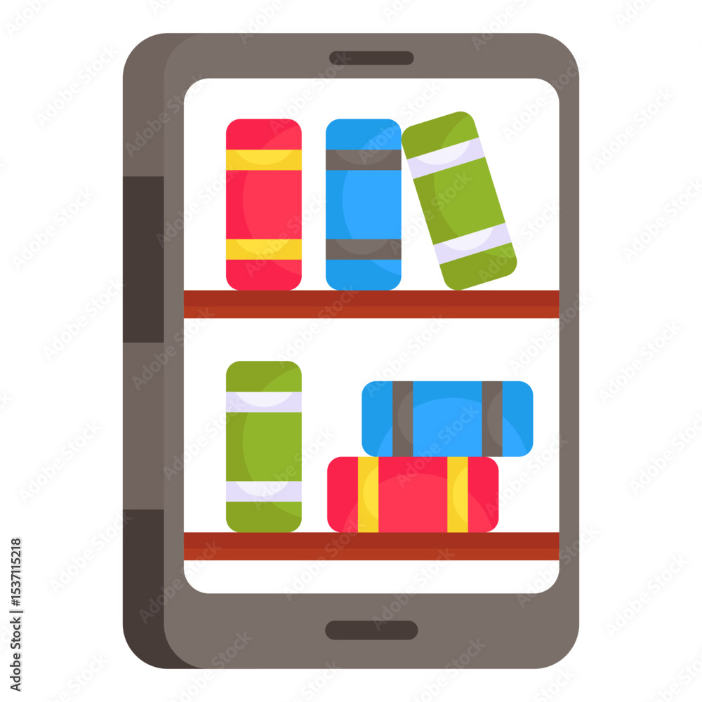 Poster modern digital tablet displaying virtual bookshelf with colorful e-books for online education and mo