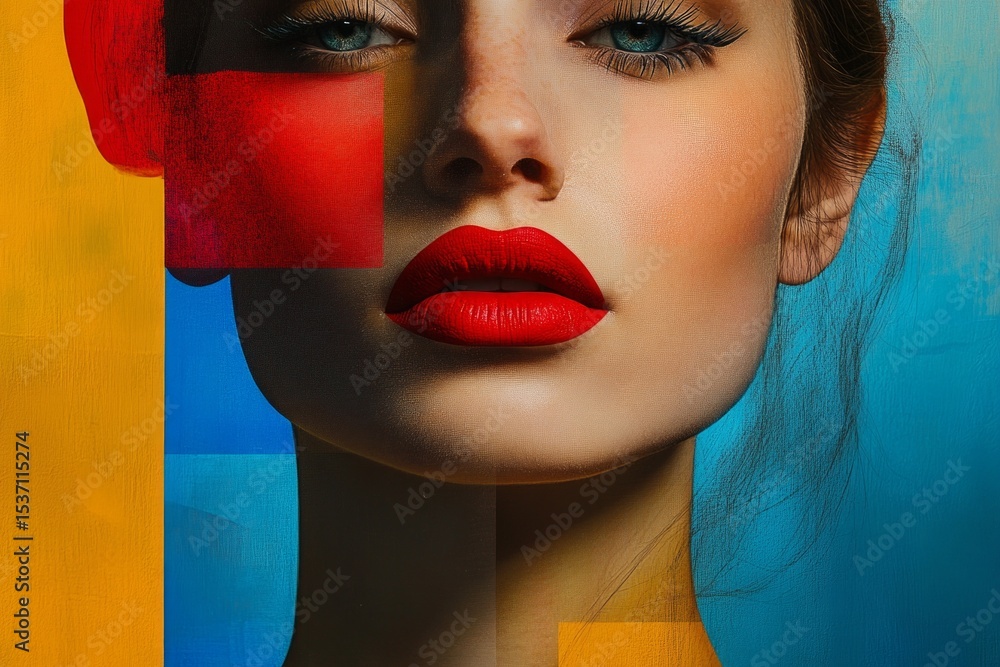 Poster close-up of a model wearing red lipstick, combined with colorful abstract shapes, creating a modern 