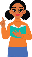 friendly black woman character hold open book and teaching, smile black female teacher wear eyeglasses and pointing finger up illustration