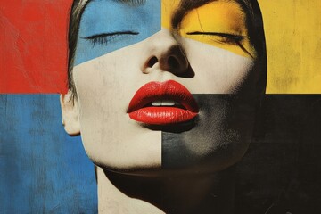 Close-up of a model with colorful makeup and red lipstick, posing against a multicolored background, creating a striking visual contrast