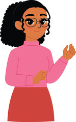 friendly black woman character hold book, smile black female teacher wear eyeglasses and hold chalk illustration