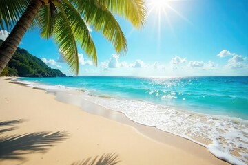 Obraz premium Sun-drenched golden sand meets turquoise ocean waves on a pristine beach Perfect for travel, vacation, or summer themed projects Tranquil seascape, idyllic coastal scene , coast, horizon