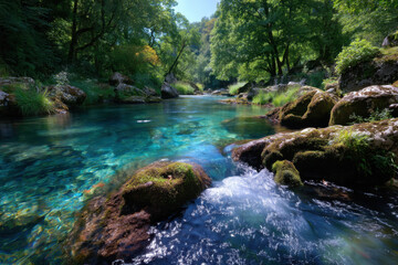 Naklejka premium Crystal clear river water flows gently among lush greenery in a tranquil natural setting