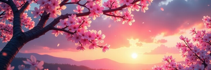 White sakura canopy against a dramatic sunset sky , sky, tree branches, cherry tree