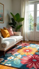 Vibrant summery area rug with bold floral pattern adding warmth and color to a sun-drenched room Perfect for adding a touch of summer to any interior design , rug, colorful