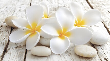 Serene White Plumeria Flowers and Smooth Stones on Rustic Wooden Background