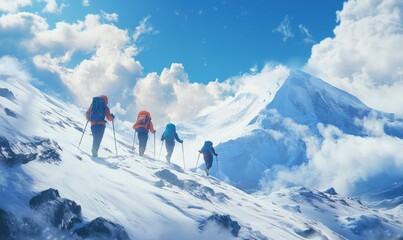 Hikers ascend snowy mountain peak