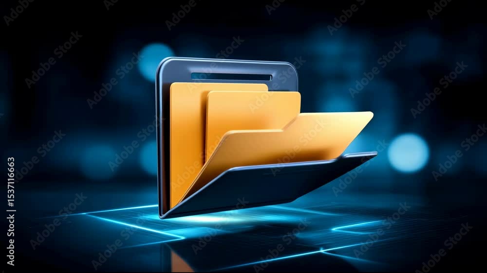 Aufkleber digital folder icon with yellow file folders on glowing blue background, symbolizing data storage, d