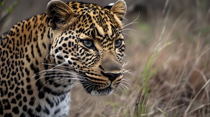 Fototapeta premium Majestic Leopard Close Up Portrait in Grassland