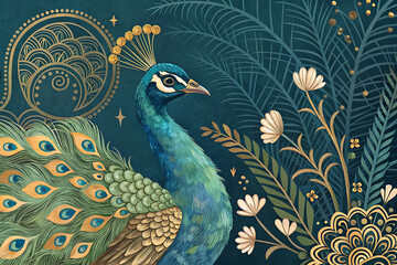 Fototapeta premium Artistic peacock background with retro golden brushstrokes and decorative elements Generated AI