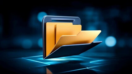 Digital folder icon with yellow file folders on glowing blue background, symbolizing data storage, digital technology, and efficient storage solutions