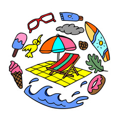Naklejka premium summer set doodle style hand drawn sketch vector illustration
